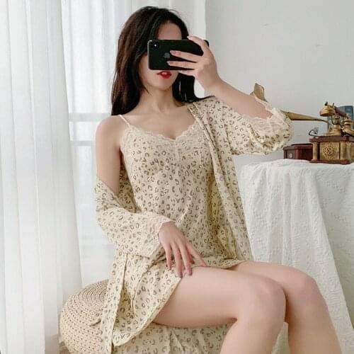 2021 New Style Nightgown Womens Spring Autumn Sexy Bra Ice Thin Suspender Nightgown with Lace Edge Two Piece Set Sleep Tops