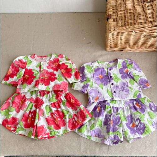 2021 new cotton girls 2 pcs set summer cotton printed shirt+shorts cool soft kids suit