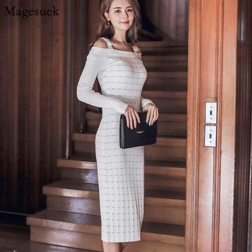 New Spring Summer Long Sleeve Dress Women Slash Neck Knitted Sexy Dress Female Pencil Bodycon Midi Ladies Dresses Vestidos 12925