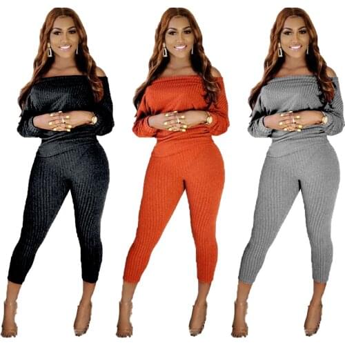 Spring and Autumn New Womens Wide-Shoulder Fashion Solid Color Sweater Two-Piece Suit