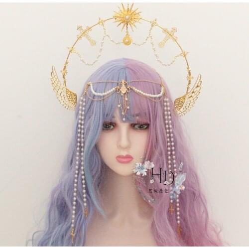 Lolita Goddess Halo Pearl Chain KC Hair Hoop Hair accessory Emperor Political Style Hanfu Lolita Gorgeous Hair crown Cosplay