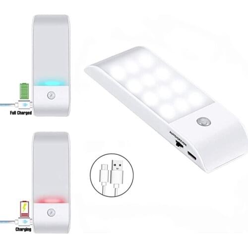 12 LED Rechargeable PIR Motion Sensor Cabinet Night Light USB Wireless Wardrobe IR Detector Wall Lamp Kitchen Bedroom Light