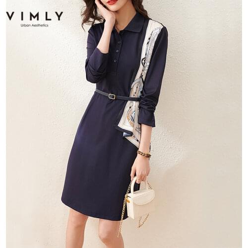 Vimly Dress For Women Spring New Fashion Printed Patchwork Lapel Aline Kee-length Female Dress Offical Lady Dress Female F6379