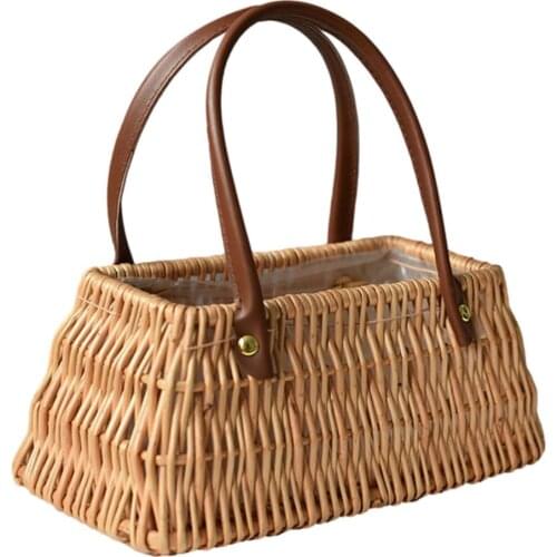 Wicker Hand-held Basket Woven Flower Basket Multifunctional Portable Basket Picnic Camping Storage Basket Kitchen Orginazer Box