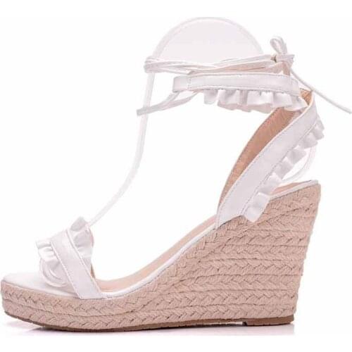 Summer Wedge White Woman Sandals Open Toe Rome Gladiator Shoes Ladies Casual Lace Up Female Platform High Heels