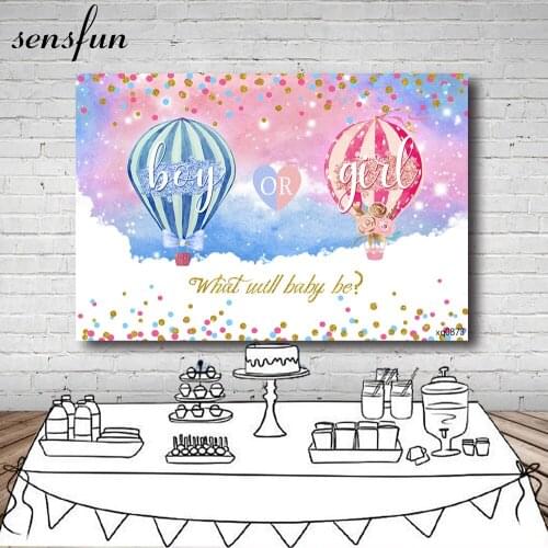 Sensfun Boy Or Girl Baby Shower Gender Reveal Photography Backgrounds Pink Blue Hot Air Balloons Backdrops For Photo Studio