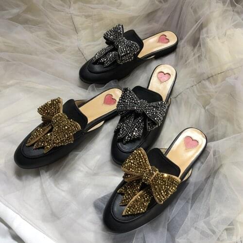 Spring Autumn 2021 Fashion womens High quality Diamonds Bowtie genuine leather slippers shoes EU35-42 size BY793