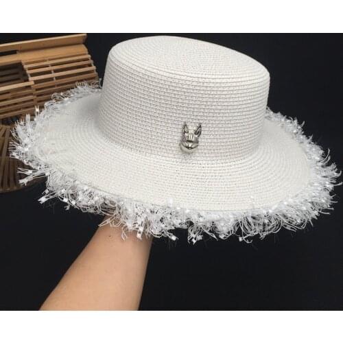 French rabbit tassel flat-topped hat female big holiday eaves shading prevent bask in summer sun hats elegant fashion