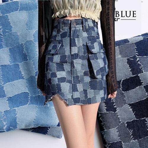 Stitching Plaid Wash Denim Fabric for Pants Dress Skirt Clothes DIY Sewing Fashion Jacquard Grid PatternTextile Blue 50X170cm
