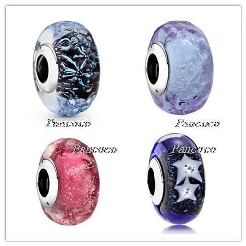 925 Sterling Silver Baeds Wavy Fancy Pink & Lavender Murano Glass Charm Fit Pandora Bracelet & Necklace Jewelry
