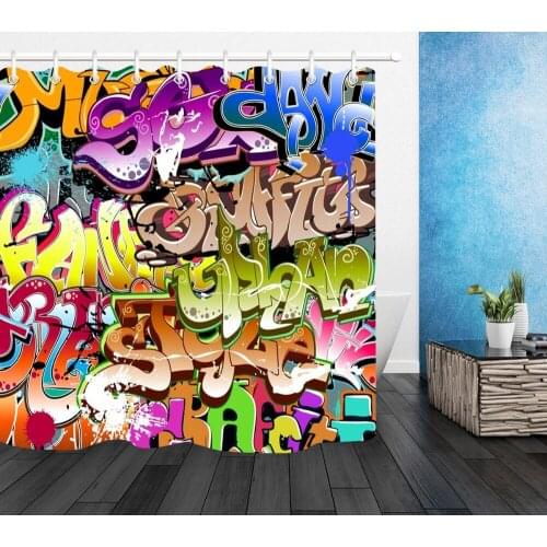72'' Colorful Graffiti Cartoon Letters Custom Bathroom Waterproof Polyester Fabric Shower Curtain 12 Hooks Bath Accessory Sets
