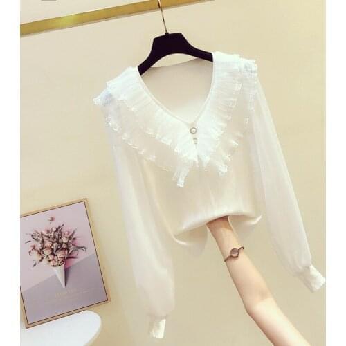 Sweet Lace Ruffle chiffon long sleeve stitched wool T-shirt womens 2020 autumn new design top