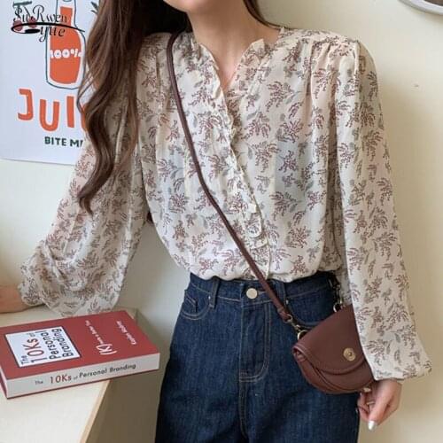 Casual Print Women Shirt V-neck Chiffon Blouse Long Sleeve Women Tops Autumn Blusa Chic Cardigan Loose Chemisier Femme 10314