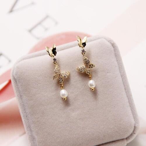 Fashion New Design Women Faux Pearl Rhinestone Butterfly Dangle Stud Earrings Jewelry Gift