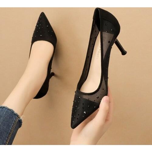 Women pumps Mesh Slip On 7.5CM Thin Heels High heels Pointed Toe Rhinestones Bling Shallow high heels women shoes size 35-42