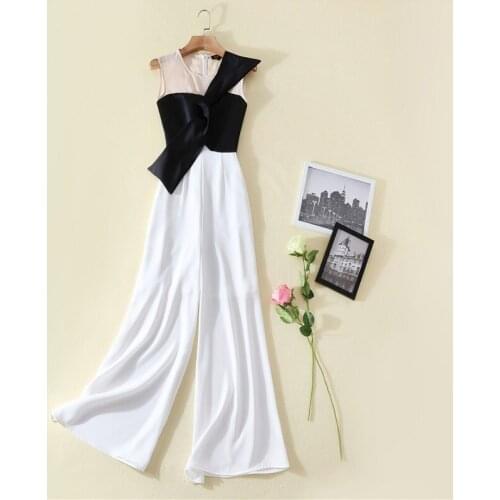 High Quality New Long Jumpsuits 2021 Summer Women Bow Deco Color Block Patchwork Sleeveless Wide Leg Pant Overalls Clothing
