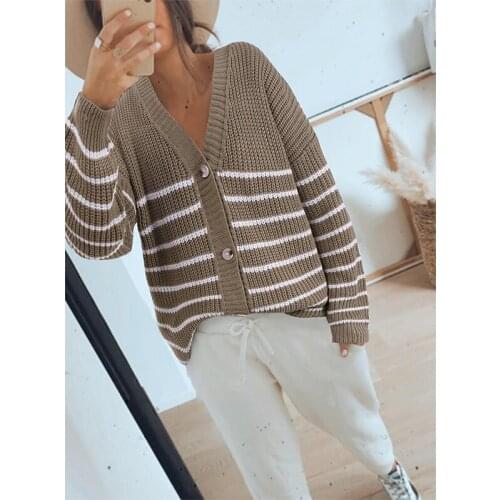 Wsevypo Women Color Block Striped Knitted Cardigan Tops Casual V-Neck Button Down Long Sleeve Sweaters for Autumn Spring