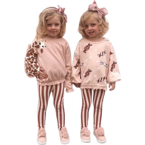 2Pcs Babys Sets Childrens Cotton Infant Girls Casual Outfits Print Long Sleeve Round Neck Pullover Color Block Striped Pants