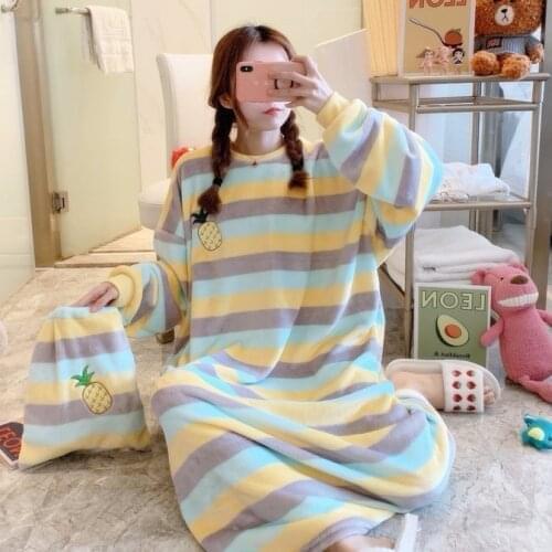2021 Pjs Loungewear Cute Women Long Nightdress Nightgrown Winter Warm Pajamas Lady Flannel Sleepwear Pijamas Pyjamas