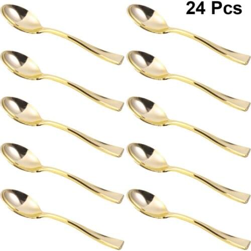 24/80Pcs Mini Spoons Plastic Cake Spoons Disposable Dessert Spoons Ice-cream Spoons for Home Shop Party Golden
