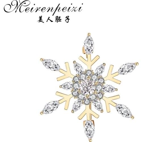 Meirenpeizi Fashion Snowflake CZ Rhinestone Brooches Pins White Snow Pin Womens Weddings Banquet Brooch Xmas Gift