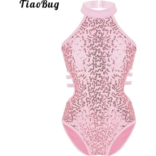 TiaoBug Kids Girls Ballet Dance Gymnastics Leotard Jumpsuit Sleeveless Sparkly Sequins Cutouts Back Strappy Waist Dancewear