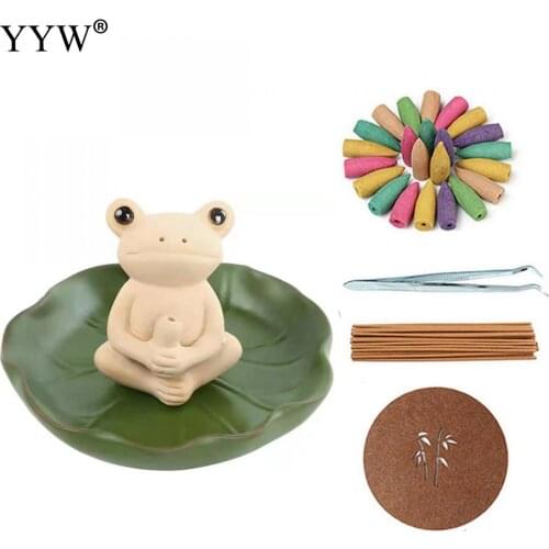 Ceramic Backflow Incense Burner Little Frog Lotus Leaf Creative Incense Cone For Home Or Office Decoration Incese Stick Holder