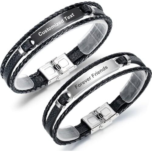 Personalized Multi-Layer Hand-Made Braided Leather Bracelet for Men Boy Customized DIY Stainless Steel Wristband Jewelry