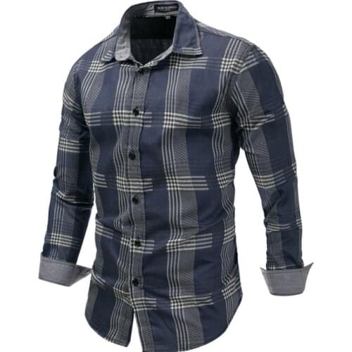 Fashion Shirts for Men Denim Plaid Long Sleeve Shirt Large Size Men Clothes Autumn Casual Turn-down Collar chemise homme MY475