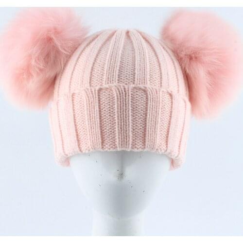 2019 New Winter Hats For Girls Boys Fox Fur Pompom Hat Baby Kids Beanie Double Pompom Fur Hat Children Knitting Hat Skullies