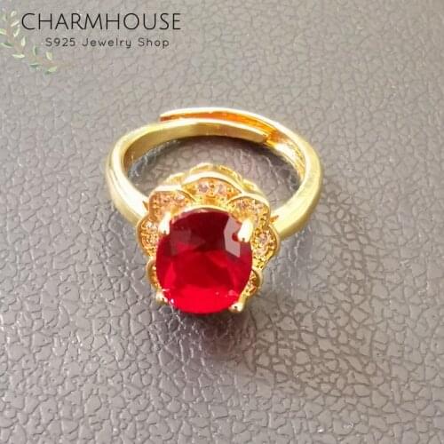 Charmhouse Wedding Rings For Women Pure Yellow Gold Color GP Zirconia Finger Ring With Red Crystal High Quality Engagement Anel