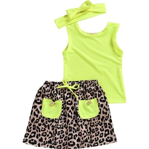 Toddler Baby Girls clothes Sleeveless Tops Leopard Print Pocket Mini Skirt Bow Headband 3pcs Set kids cotton lovely Outfits