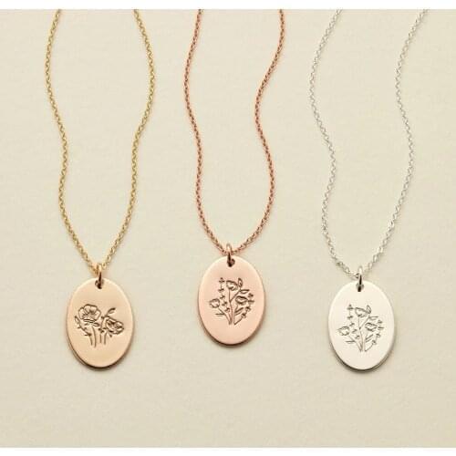 Dainty Birth Flower Necklace Oval Flora Engraved Pendant Necklace Gift For Women Jewelry 12*17mm