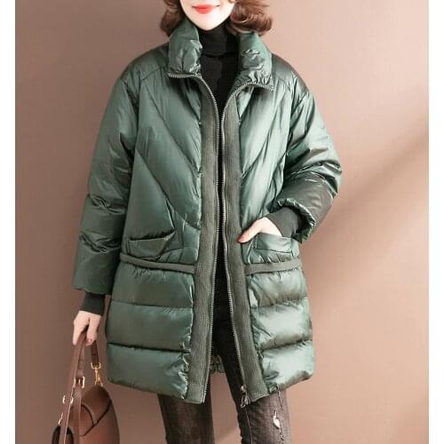 New Winter Down Jacket Women Korean Style Stitching Threaded Sleeve Mid-length White Duck Down Cotton Coat Ladies Outwear