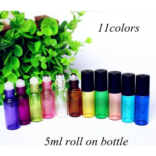5pcs/pack 5ml Amber Perfume Glass Bottle with Glass/Metal Ball Roller Essential Oil Vials Refillable Perfume Roll on Bottle