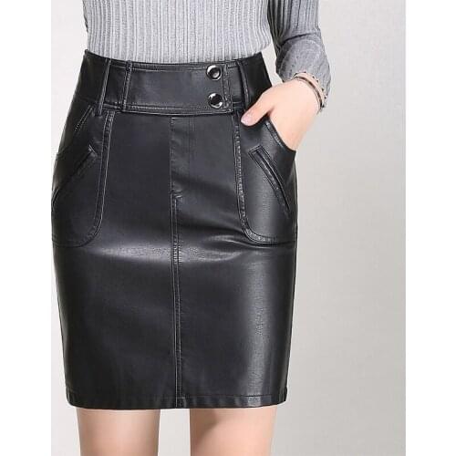 SWYIVY Womens Skirt PU Leather Knee Length 2019 Autumn Female Pencil Skirt High Waist Black OL Skirts Pocket Plus Size 5XL