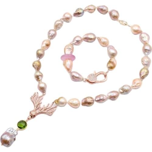 GuaiGuai Jewelry Natural Lavender Keshi Pearl Necklace CZ Animal Baroque Pearl Pendant Chalcedony Bracelet Sets For Women