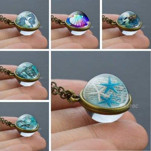 Handmade Ocean Jewelry Sphere Crystal Starfish Turtle Seashell Seahorse Dolphin Double Side Glass Ball Pendant Necklace
