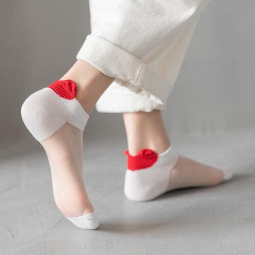 3 Pairs Women Glass Stockings Spring Summer Cotton Thin Cute Patchwork heart Pattern Short Socks Comfortable Soft Ice Silk Socks