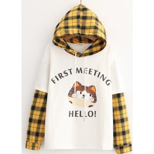 Women Cartoon Cat Letter Print Harajuku Hoodies Sweatshirt Plaid Collar Hooded Long Sleeve Casual Patchwork Pullovers