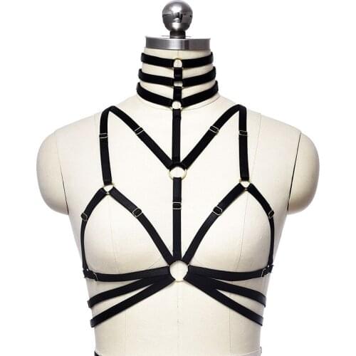 Sexy Fetish Neck Halter Body Harness Bra Elastic Belt Gothic Top Harness Lingerie Cage Women Bondage Suspender Rimless Bra