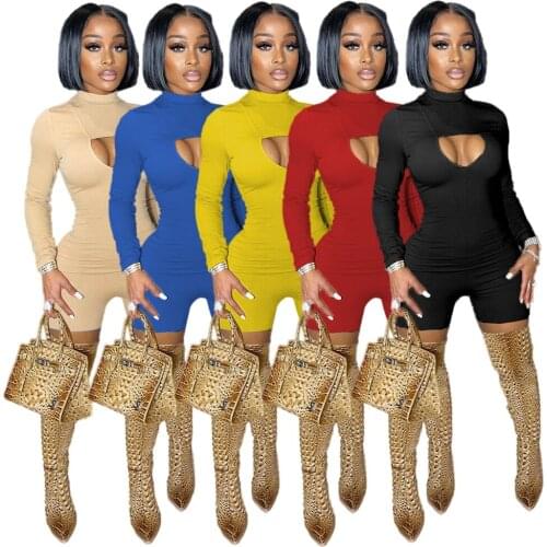 Zoctuo Long Sleeve Playsuit For Women Hollow Out Girls Rompers And Jumpsuits Casual Solid Tight One Piece Overall Romper Sexy