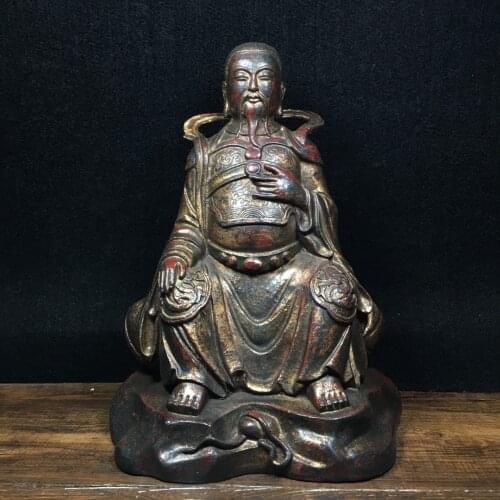 10"Tibet temple Old Bronze Lacquer Cinnabar Emperor Zhenwu Emperor of the North Basalt Town House Exorcism Ward off evil spirits