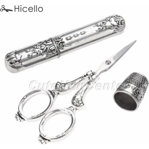 3pcs/set European Sewing Kits Vintage floral Scissors Thimble Needle Case Stainless Steel Silver Sewing tool kits DIY Hicello