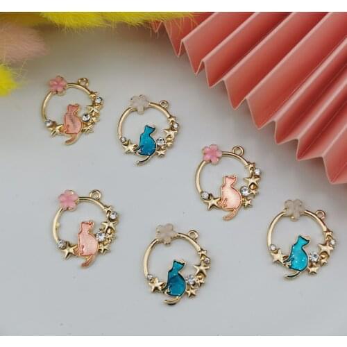 ApeUr 10pcs/pack Wreath Glitter Cats Enamel Charms DIY Accessory Rhinestone Decor Ring Shaped Pendants For Couple Jewelry Making