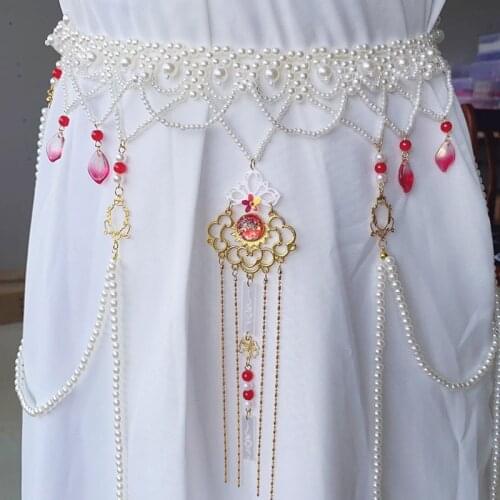 Deepeel 1pc 70cm Costume Hanfu Waist Chain Ancient Style Long Tassel Pearl Cummerbunds Corset Waistband Plus Size Fashion Belts