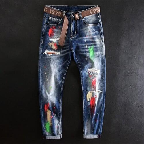 European American Street Fashion Men Jeans Retro Blue Elastic Slim Fit Ripped Jeans Men Printed Designer Hip Hop Denim Pants