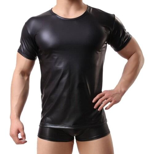 PU Leather T Shirts Men Sexy Fitness Tops Gay T-shirt Tees Mens stage T-shirt O-Neck Sexy Men Casual Clothes PA070