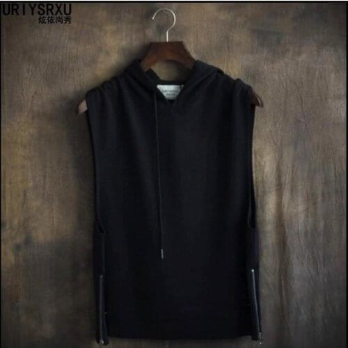 Hot New Zipper Slit Hem Loose Sleeveless Vest Fashion Head Hooded Vest Tide Men Hoodies Large Size Clothing Costumes