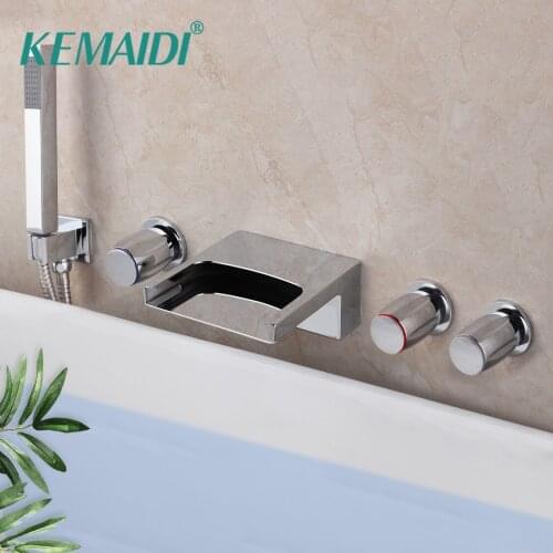KEMAIDI 5pcs Faucet Mixer Taps Filler Faucet Handshower Chrome Solid Brass Bathroom Bathtub Waterfall Roman Tub 3 Handles